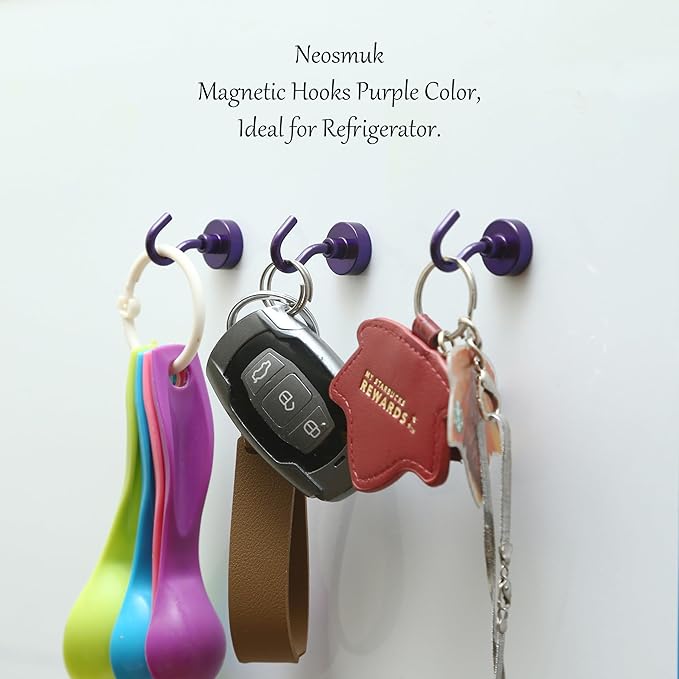 Neosmuk Magnetic Hooks, 30lb+ Heavy Duty Earth Magnets with Hook for Refrigerator, Extra Strong Cruise Hook for Hanging, Magnetic Hanger for Cabins, Grill (Purple, Pack of 6)