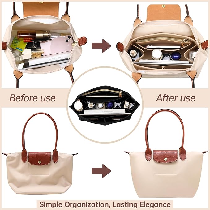 OPPOSHE Purse Organizer Insert for Longchamp Le Pliage, Premium Felt Long Champ Bag Handbag Women, Tote Organizer Insert with 9 Compartments (Medium, Black)