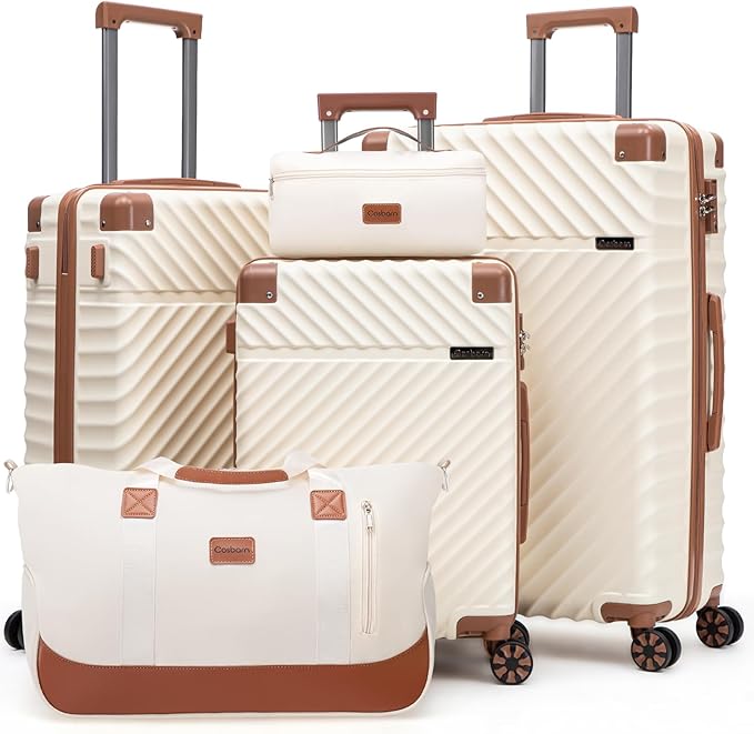 Luggage Sets 5 Piece with TSA Lock Spinner Wheels, Unisex Hard Case ABS Suitcase Set, Hardshell Lightweight Waterproof Travel Hardside Suitcases with Wheels for Women Men,Beige