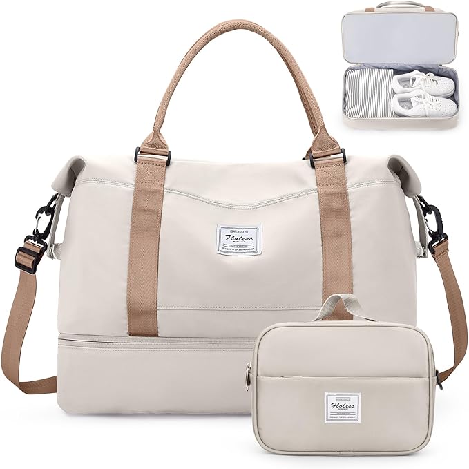 Weekender Bags for Women,Overnight Travel Duffel Bag with Shoes Compartment& Toiletry Bag,Extra Large(Beige & Brown)