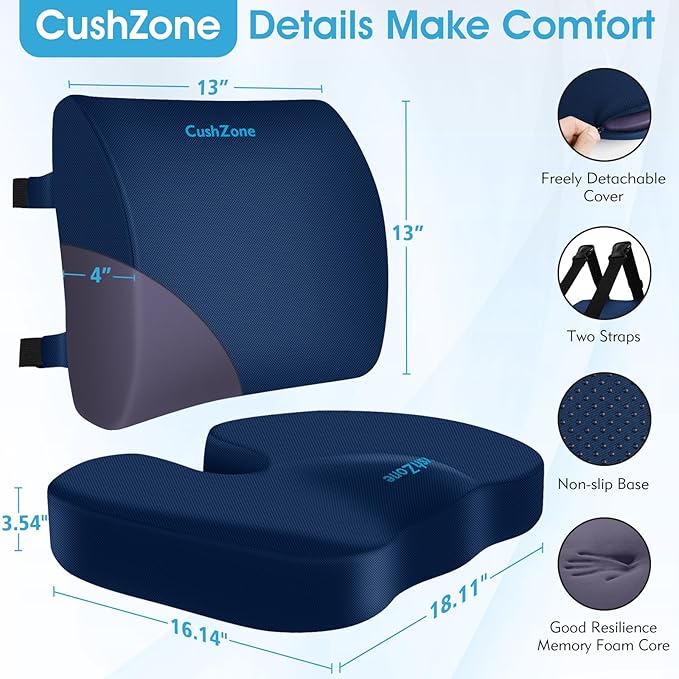 Seat Cushion, Lumbar Support Pillow with Adjustable Strap-Chair Cushions for Sciatica Pain Relief-with Washable Cover Memory Foam for Car, Travel and Wheelchair-Blue X-Large