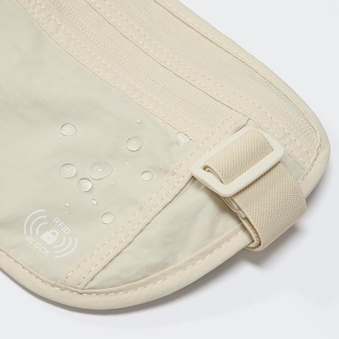 Pander RFID Blocking Travel Money Belt – Hidden Waist Pouch for Passport, Cash, Cards, Slim Belt Bag for Men and Women, White Opal
