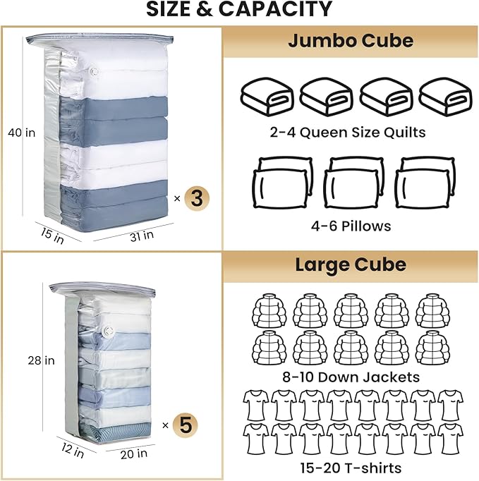 TAILI 8 Pack Vacuum Storage Bags, Cube Combo Space Saver Bags (3 Jumbo +5 Medium), Vacuum Seal Bags for Clothing, Bedding, Comforters, Blankets, Home Oragnizer and Closet Storage