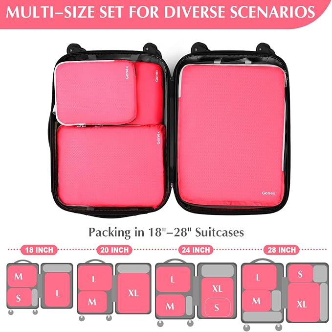 Gonex Compression Packing Cubes, 4pcs Expandable Storage Travel Luggage Bags Organizers (Bright Pink)