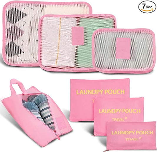 INVODA 7 piece Multi-size Packing Cubes for Travel Suitcase Organizer Bags Lightweight Travel Bags (Pink)