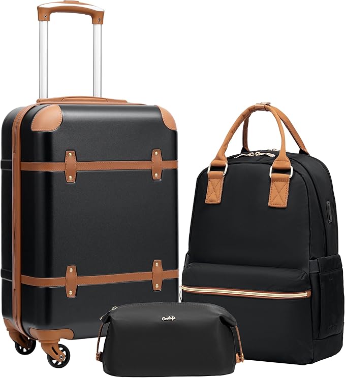 Coolife Luggage Set 3 Piece Suitcase Set Carry On Luggage Hardside Luggage TSA Lock Spinner Wheels Telescopic Handle (Black, 3 piece set (BP/TB/20))