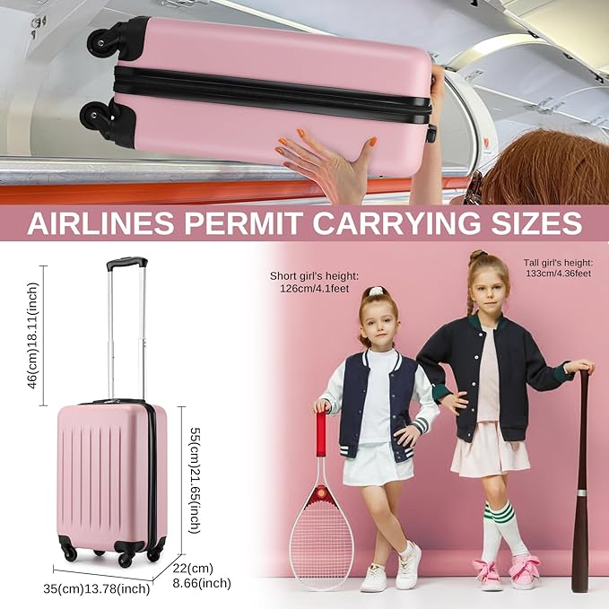 Kono 20-Inch Small Hardside Carry-on Suitcase with Spinner Wheels, Lightweight ABS+PC Rolling Cabin Suitcase for Airplane Travel (Pink, for 1-3 Days of Travel)