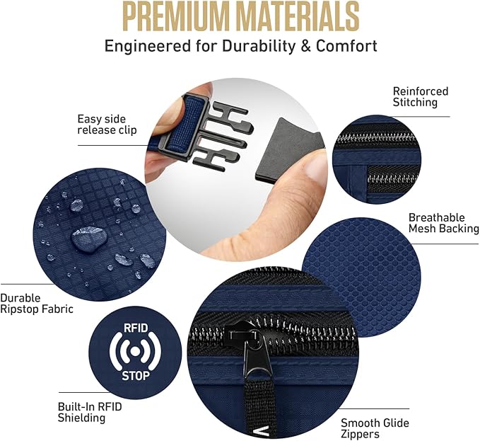 VENTURE 4TH Money Belt for Travel – Hidden Under-Clothes RFID Blocking Passport Holder & Slim Travel Wallet Pouch for Men & Women to Protect Cash, Cards & Documents (Navy Blue)