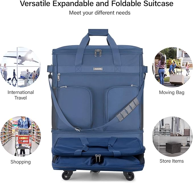 Hanke Expandable Collapsible Luggage with Wheels Suitcase Luggage Rolling Travel Bag Duffel Bag for Men Women Lightweight Suitcase Large Capacity with Spinner Wheel (Blue)