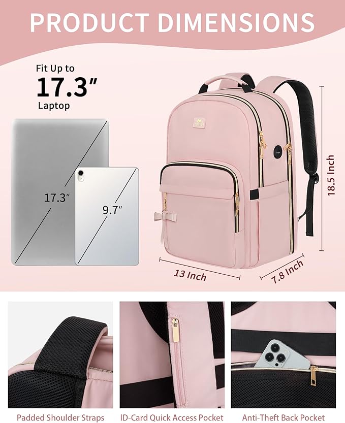 MATEIN Pink Laptop Backpack, 17 Inch TSA Approved Travel Carry On Backpack for Women, Large Work Compuer Bag with Charging Hole & Luggage Strap, Water Resistant Anti Theft College Nurse Bag