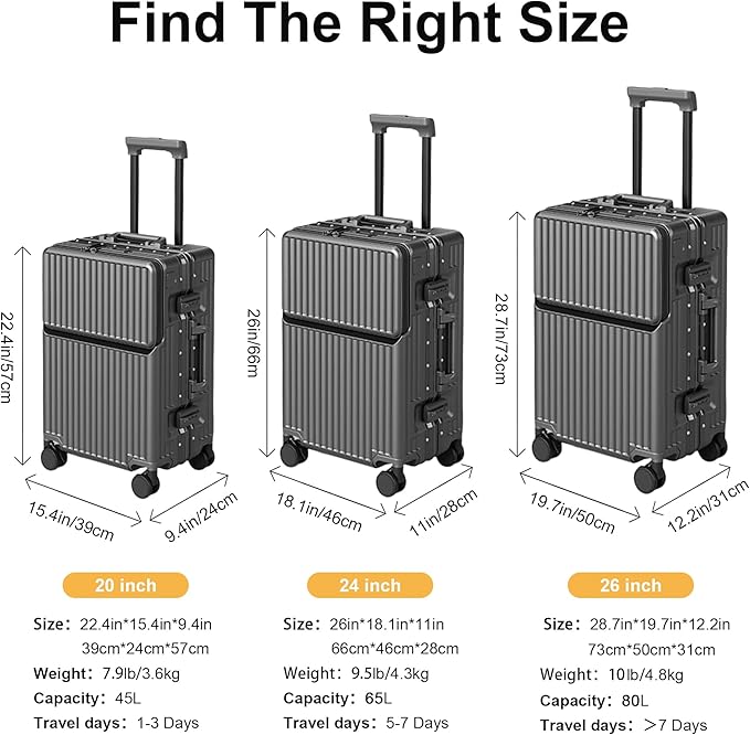 Carry on suitcase Zipperless Luggage,Polycarbonate Aluminum Hard Shell, Expandable Carry-On Suitcase with Spinner Wheels, 20 Inch Cabin