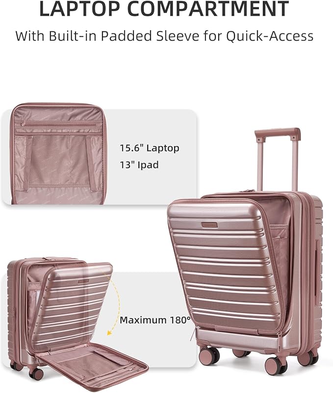 LARVENDER Carry On Luggage 22x14x9 Airline Approved, 20 Inch Expandable PC+ABS Hardside Carry On Luggage with Front Pocket Spinner Wheels TSA Lock for Women Men (Rose Gold)