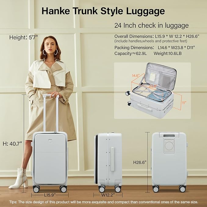 Hanke 24 Inch Luggage with Cup Holder and Charge,Top Opening Hard Shell Suitcases with Wheels and Dividers,Aluminum Frame Trunk Luggage Medium Checked Suitcase with Lock for Travel,Smoke White
