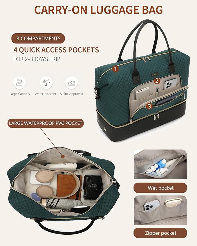 Duffle Bag for Women Travel, Weekender Bag Overnight Bag with Shoe Compartment, Carry on Bag with Crossbody Purse for Over Night, Weekend, Yoga, Gym, Business Trips, Hospital, DarkGreen Black