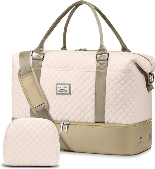 Travel Weekender Duffle Bags for Women: Overnight Bags with Shoe Compartment Large Carry on Weekend Bag with Toiletry Bag & Wet Pocket Tote Duffel Hospital Bag for Women Labor Delivery Beige Khaki