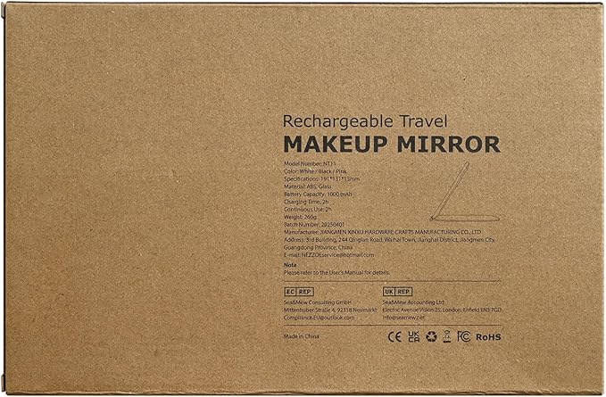 NEZZOE Rechargeable Travel Makeup Mirror with LED Light, 3 Lighting Modes, 7 x 5 Inch Foldable Vanity Mirror for Desk or On The Go, Pink