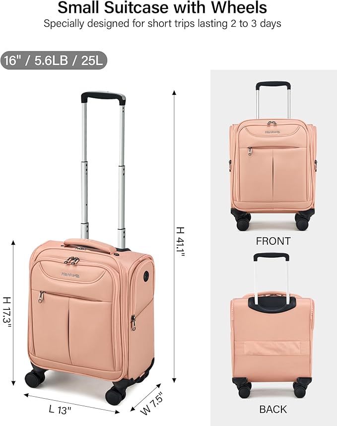 Hanke Underseat Carry On Luggage with Wheels, Lightweight Small Suitcase Airline Approved 16 Inch Softside Personal Item Travel Bag for Women Men, Compact Under Seat Luggage with Spinner Wheels.(Pink)
