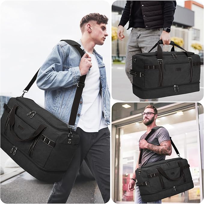 ZOMFELT Travel Duffle Bag for Men, 55L Waterproof Canvas Overnight Duffel Bag with Removable Dividers & Shoe Compartment, Carry On Weekender Gym bag, Multi-Pocket & Vintage Design (Washed Black)