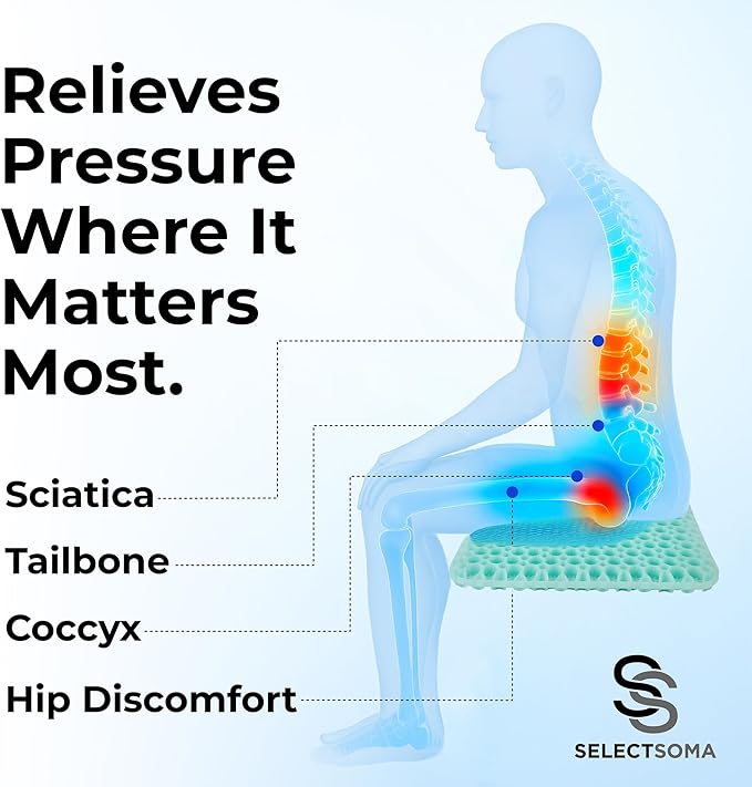 SelectSoma NEW Mint Green Gel Seat Cushion for Long Sitting, Patent-Pending Mold Design, Double-Thick Pressure Relief for Tailbone, Sciatica, Coccyx & Back Pain - Office Chair, Car, Wheelchair, Truck