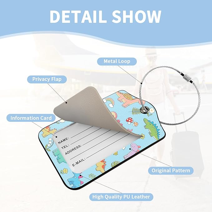 2 Pcs Luggage Tag for Suitcases, Cute Dinosaur PU Leather Suitcase Tag Privacy Cover Name ID Label with Metal Loop, Personalized Baggage Identifier for Women Cruise Bag Travel Essentials