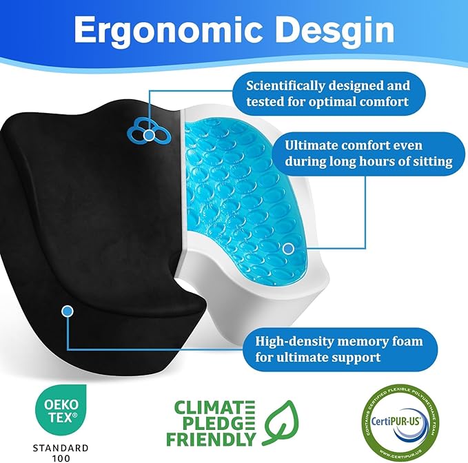 Seat Cushion, Gel Chair Cushions, Office Chair Cushions, Anti-Slip Bottom & Removable Cover Tailbone Pain Relief Cushion, Memory Foam Seat Cushion, 5.28 in Thick (Black)