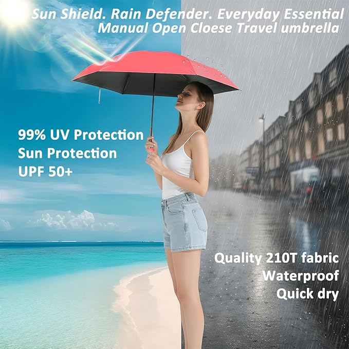 BAODINI Travel Essentials Mini Umbrella for Purse With Case Small Compact UV Sun Protection Lightweight Tiny Pocket Manual Open Close Umbrella for Women Kids and Men Fits Purse Backpack