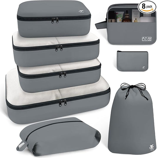 HOTOR Packing Cubes for Suitcases - 8 Pieces, Light Packing Cubes for Travel, Premium Suitcase Organizer Bags Set, Space-Saving Luggage Organizers, Travel Accessories and Essentials, Grey
