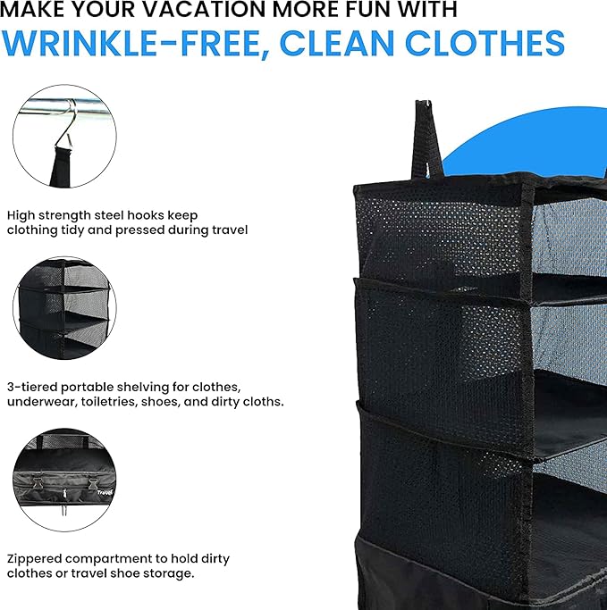 Grand Fusion Stow-N-Go Packing Organizer for Luggage, Portable Hanging Travel Shelves, Carry-On Closet, Hanging Packing Cubes, Collapsible Carry-On Organizer for Cruises & Hotels. Black - XL