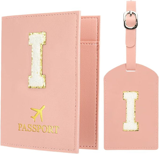 PATIKIL Passport Holder for Travel, Initial Passport Cover and Luggage Tag Set with Alphabet Chenille Letter Patch Travel Wallet Bag Suitcase Identifier for Women Family Travel Pink I