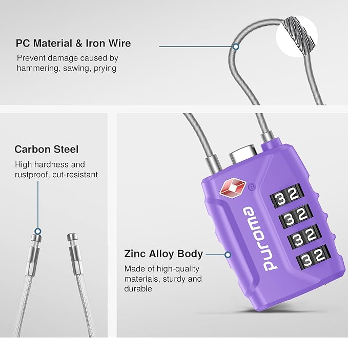 Puroma 2 Pack TSA Approved Luggage Locks, 4 Digit Combination Travel Cable Locks Resettable Code Lock with Zinc Alloy Body for Suitcase, Toolbox, Backpack, Bag, Gym Locker (Basic Purple)