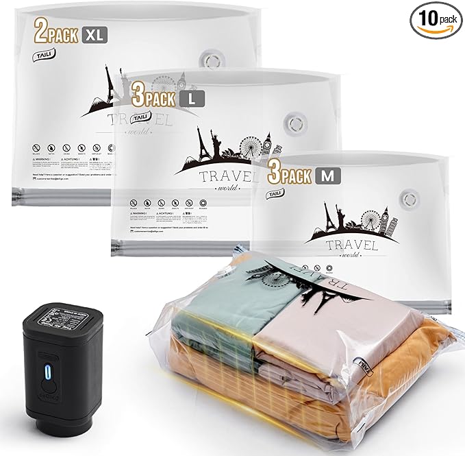 TAILI Vacuum Storage Bags with Rechargeable Electric Pump, 10 Pack (4M+4L+2XL), Vacuum Seal Bags for Clothing, Packing Cube Compression for Vacation Cruise, Portable Solution for Travel Essentials