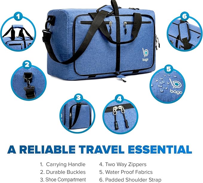 Bago Compact Duffle Bag for Travel Women & Men. Durable Lightweight Foldable Travel Duffel Bags For Traveling Women. 40L Duffle Bags a Reliable Weekender duffel or Overnight Bag With Shoe Compartment