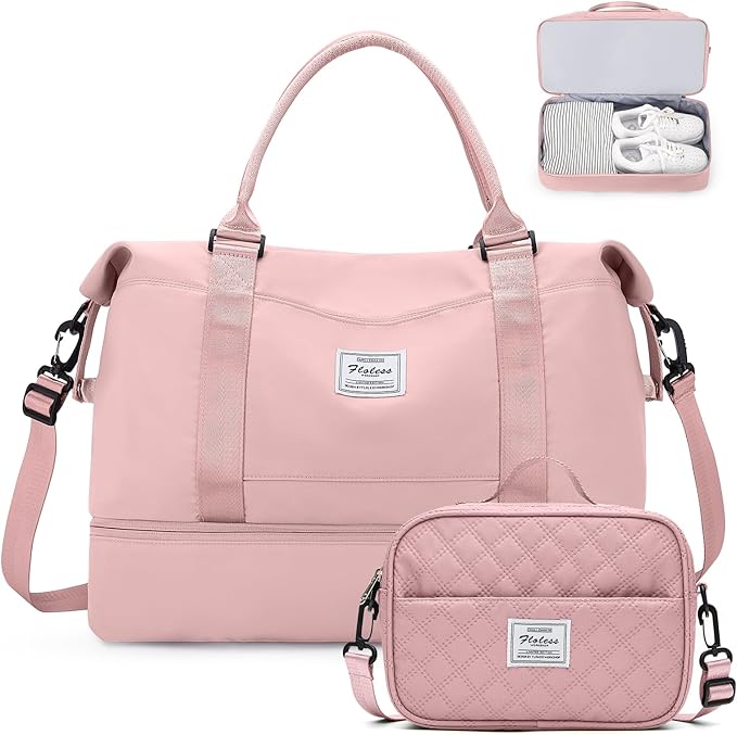 Weekender Bags for Women,Personal Item Travel Bag with Shoes Compartment,Large Overnight Travel Duffel Bag with Grid Toiletry Bag,Pink