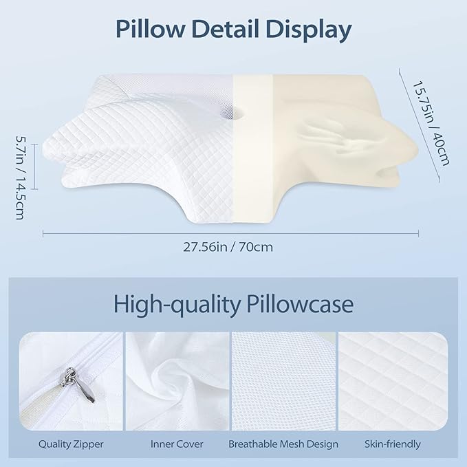 HOMCA Cervical Pillow Memory Foam Pillows - Contour Memory Foam Pillow for Neck Pain Relief, Orthopedic Neck Bed Pillow for Side Sleepers Back and Stomach