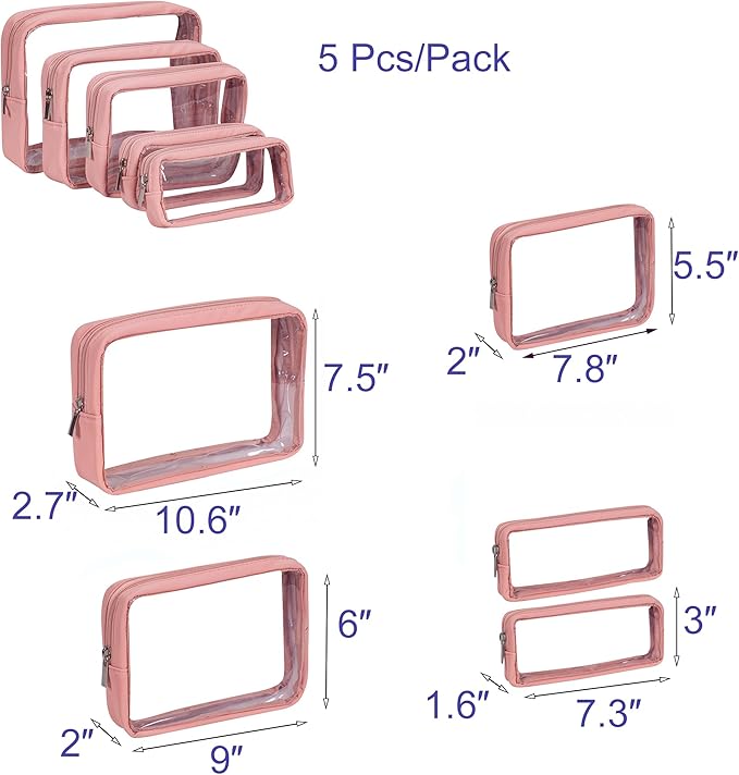 TSA Approved 5-Piece Diaper Bag Organizer Pouch Set Clear Waterproof TPU Kids Toiletry Storage Set Travel Packing Clutch Cube Bags for Baby Nursing (Pink Leather)
