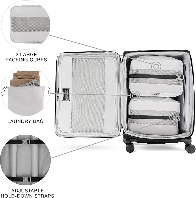 Travelpro VersaPack+ Lightweight Softside Expandable Checked Luggage, 8 Spinner Suitcase, TSA Lock, Men and Women, Checked Medium 25-Inch, Black