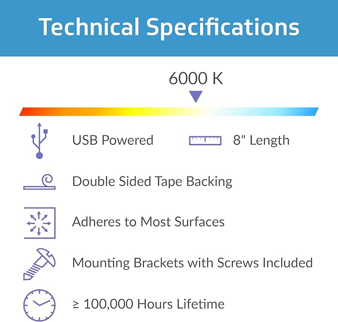 TrueColor USB LED Under Cabinet Light Bar, Frosted Cover, 8 in, Daylight | Easy install, adhesive & mounting brackets included, 100,000 hr lifetime, backlight for monitors, TVs & more