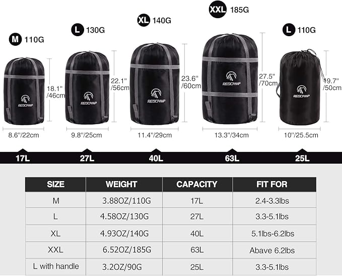 REDCAMP Sleeping Bag Stuff Sack, Black M, L, XL and XXL Compression Sack, Great for Backpacking and Camping