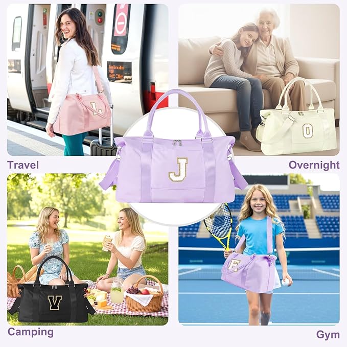 Dance Gym Duffel Bag for Teen Girls, Personalized Initial Travel Weekender Bag,Cute Overnight Carry On Duffle for Women,Sports Travel Cheer Bag,Monogram Christmas Gifts for Tween Preppy(purple-J)
