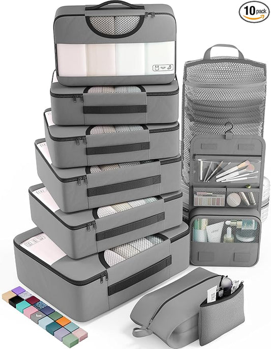 Veken 10 Set Packing Cubes for Travel Essential, Suitcase Organizer Bags in 4 Sizes, Carry-On Luggage Accessories with Large Laundry & Hanging Toiletry Bag, Must-Have for Airplane, Road Trip & Camping