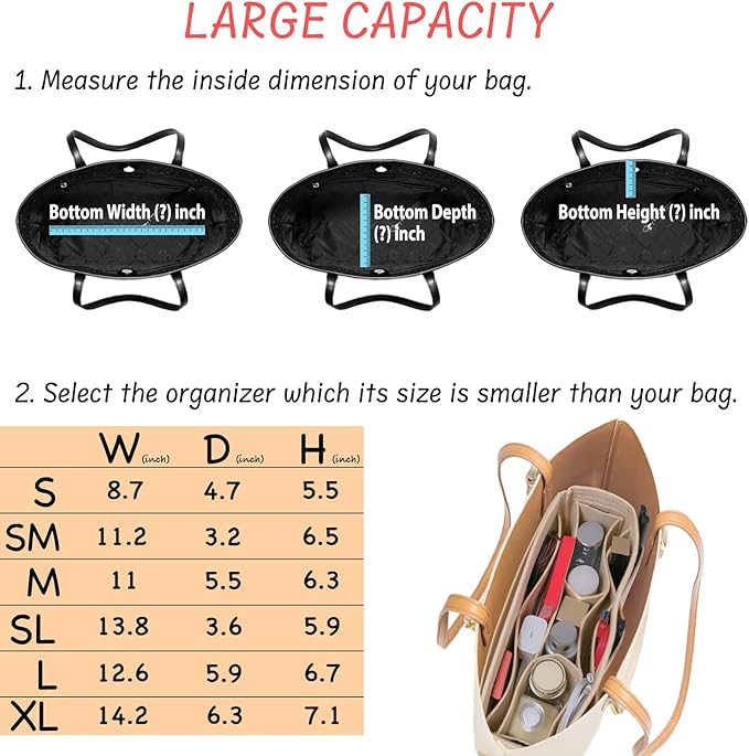 DailyPlus Purse Organizer Insert Felt Bag Organizer Handbag Organizer Insert Bag In Bag Organizer for Tote Purse Bag 14 Pockets Beige Slender Medium