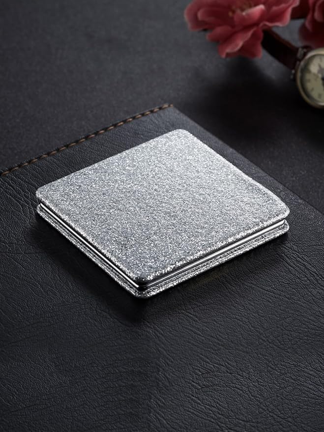 OMIRO Compact Mirror, Glitter PU 1X/3X Magnification, Ultra Portable for Purses (Silver)