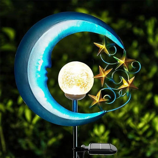 Solar Decor Garden Lights - Powered Lights Outdoor Decorative Lights | EPROSMIN Waterproof Pathway Crackle Glass Globe Led Landscape Lighting for Pathway,Yard,Lawn,Patio Stars Moon
