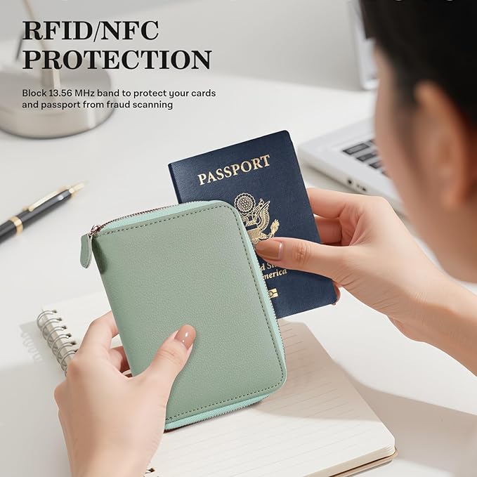 CoBak Passport Holder Cover with Safe Zipper Closure, Premium Passport Wallet for Travel, RFID Blocking Card Case, Waterproof Travel Accessories for Women, Agave Green