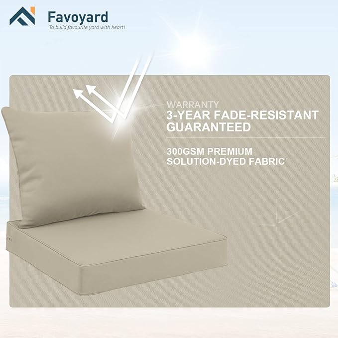 Favoyard Outdoor Seat Cushion Set 22 x 24 Inch Waterproof & Fade Resistant Patio Furniture Cushions with Removable Cover Deep Seat & Back Cushion with Tie Straps for Chair Sofa Couch