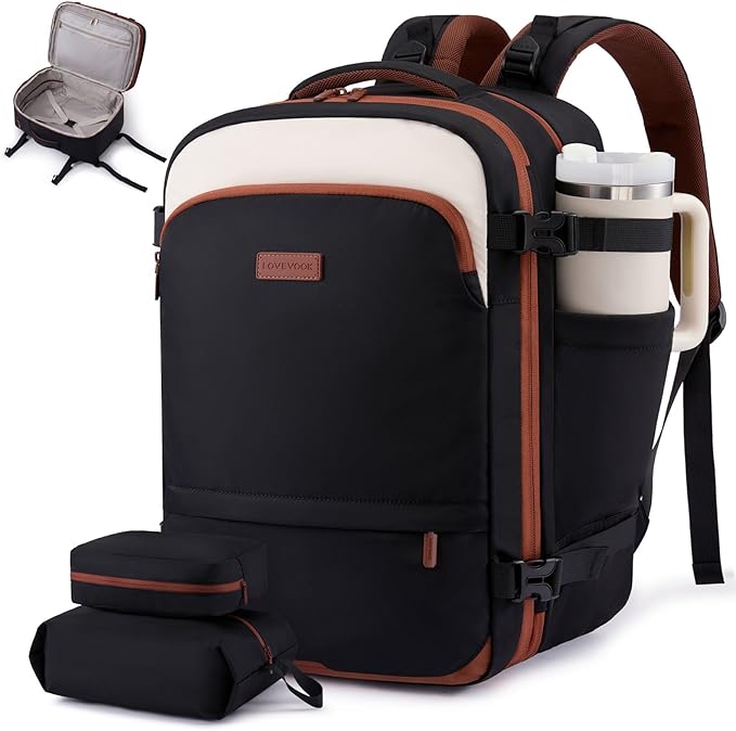 LOVEVOOK Carry On Backpack for Women & Men, Travel Backpack Carry On Flight Approved, 50L Personal Item Travel Bag, Business Weekender Overnight with Cup Holder & 2 Cubes, 18 Inch Black-beige-brown