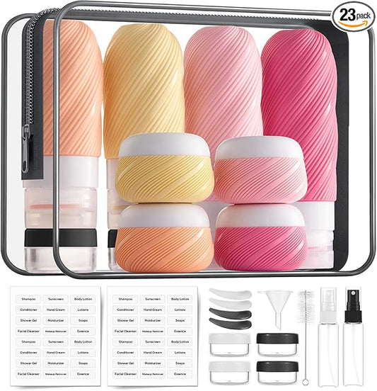 LitBear 23 Pack TSA Approved Travel Bottles for Toiletries, Leak Proof Refillable Travel Size Containers Kit with Silicone Squeezable Bottles Jars for Shampoo Lotion Conditioner, in Clear Bag, Pink