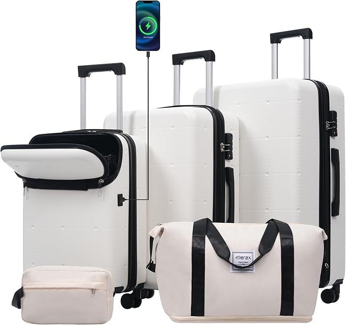 Merax Luggage Sets,5 Piece Front Half-open Hardshell Expandable Suitcase Set with Spinner Wheels and Duffel Bags,Lightweight Carry on Luggage with USB Port,20/24/28IN,White-1