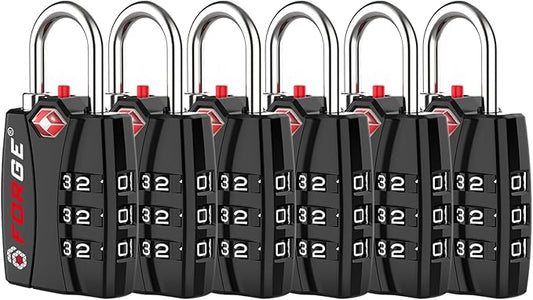 Forge Open Alert TSA Approved Luggage Locks - 3 Digit Combination, Easy Read Dials, Zinc Alloy Body - Ideal Travel Lock for Luggage, Suitcases, Bags & Toolboxes (Black 6 Locks)