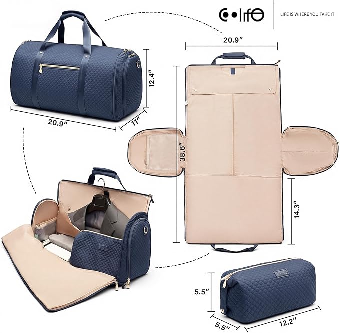 Coolife Garment Bag Carry On Convertible Travel Duffel Bag with Shoe Pouch Weekender Bag for Women Men 2 in 1 Hanging Suit Bag with Shoulder Strap Business Travel Bag (Navy, Standard)